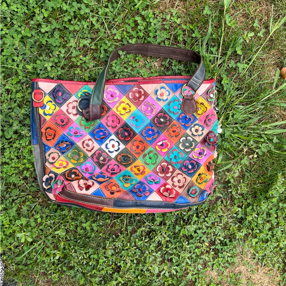 Vintage leather floral tote bag